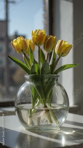 Time lapse,  growing blossom, clear glass vase holds yellow tulips in full bloom with green stems and white roots, set against blurred urban background, evoking calm serenity., nature, beauty, eleganc
