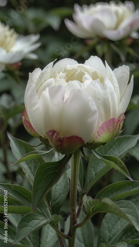 Time lapse,  growing blossom, single white peony flower with pinkish-red edges stands in full bloom on green stem, outdoors against blurred green background, evoking tranquility and natural elegance,
