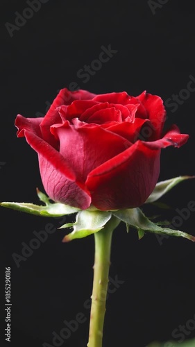 Time lapse,  growing blossom, single vibrant red rose in full bloom dominates black background, showcasing its velvety texture and rich color, evoking elegance and romance, love, beauty, serenity, and