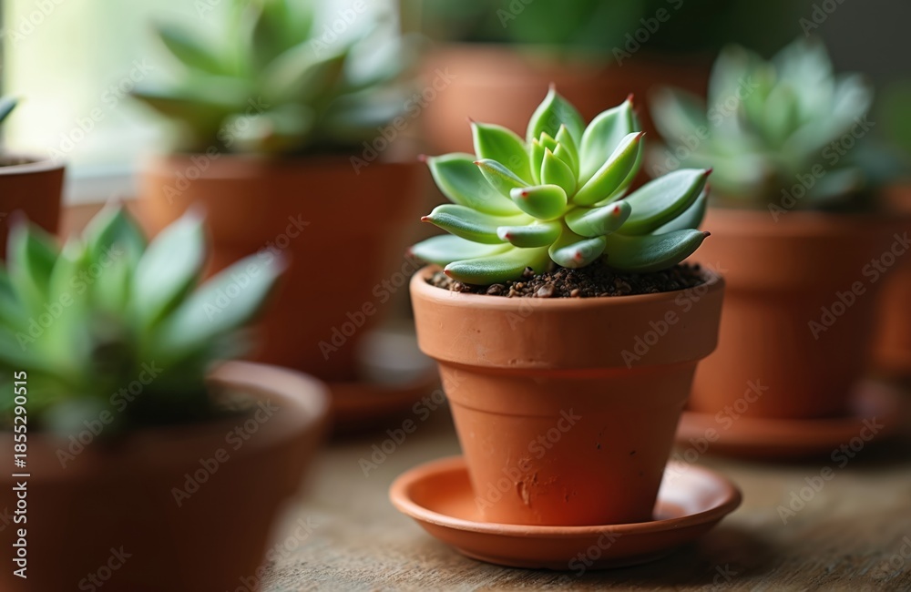 Obraz premium Group of potted succulents with green rosettes growing indoors near window light. Tiny plants in terracotta pots on wooden surface with soft natural illumination and shadows.