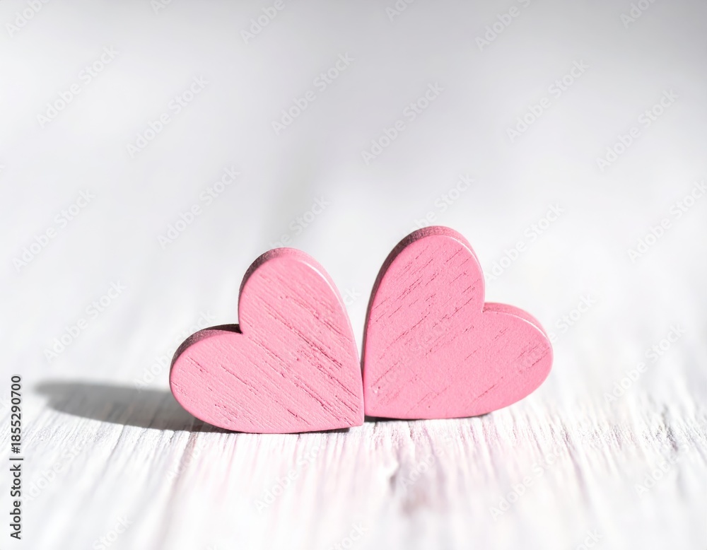Fototapeta premium Valentines day background with two red hearts on wooden background 