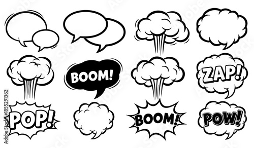 Comic boom cartoon effect line element set. Comic speech bubble pow, boom text, explosive splash smoke, wow cartoon vector icon. Hand drawn sketch doodle explosive element. Vector illustration.
