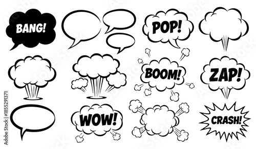 Comic boom cartoon effect line element set. Comic speech bubble pow, boom text, explosive splash smoke, wow cartoon vector icon. Hand drawn sketch doodle explosive element. Vector illustration.