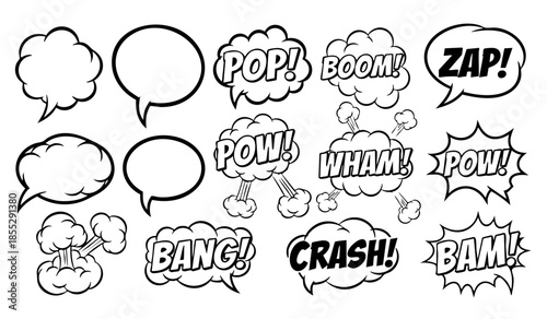 Comic boom cartoon effect line element set. Comic speech bubble pow, boom text, explosive splash smoke, wow cartoon vector icon. Hand drawn sketch doodle explosive element. Vector illustration.