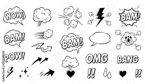 Comic boom cartoon effect line element set. Comic speech bubble pow, boom text, explosive splash smoke, wow cartoon vector icon. Hand drawn sketch doodle explosive element. Vector illustration.