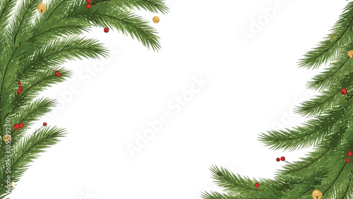 Festive Christmas pine branches with red berries on white background