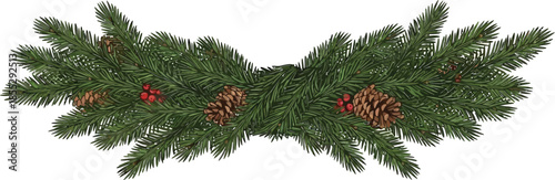 Festive Christmas pine branch with pinecones and red berries decoration