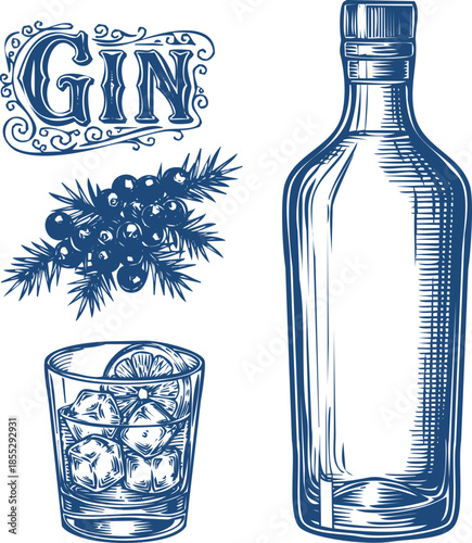 Gin Bottle, Glass with Ice and Lemon, and Juniper Berries alcohol liquor