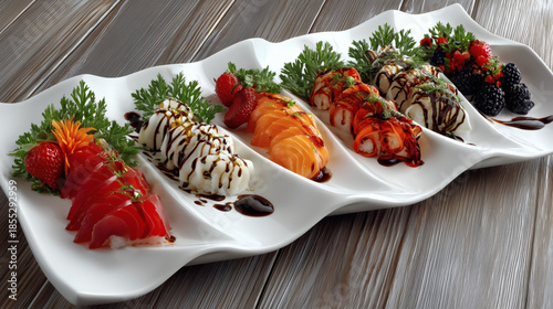 Luxury Sushi Assortment on Modern White Plate With Balsamic Glaze and Berries