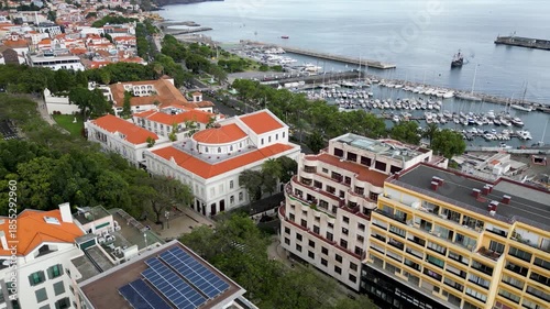 Drone video in Funchal, capital of Madeira. View with Baltazar Dias Municipal Theater and Palace of Saint Lawrence