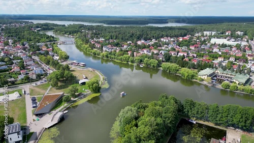 Aerial drone video of Augustow on the Netta River and Augustow Canal, Podlaskie region, Poland