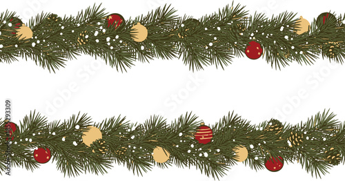 Festive Christmas garland with ornaments and pinecones on white