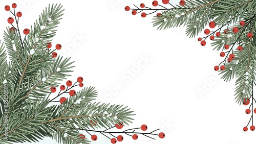 Pine branches with red berries on light background for Christmas decor