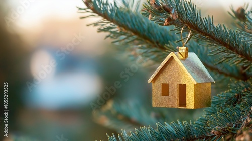 christmas tree house with a toy in a snow - tree on a blurred background. new year 's holiday concept, winter holidays, christmas. selective