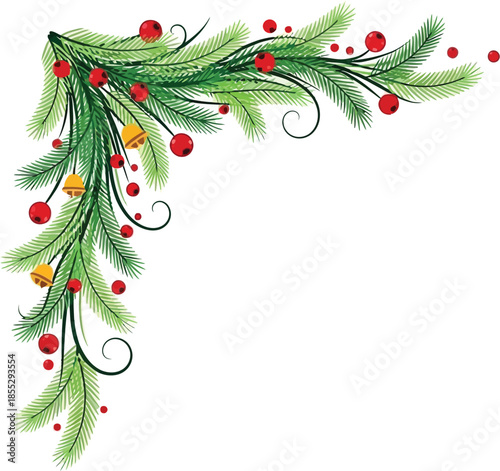 Festive Christmas border with pine branches and decorations