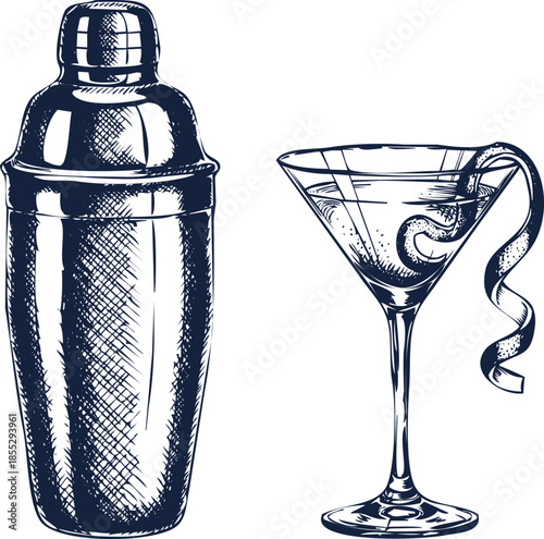 Cocktail Shaker and Martini Glass with Lemon Twist on White Background drink beverage