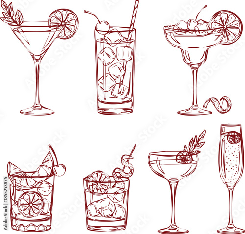 Collection Of Hand Drawn Cocktail Illustrations In Red Outline drink beverage