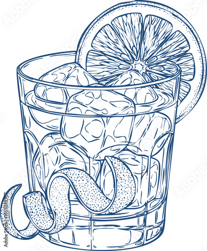 Dark Blue Old Fashioned Cocktail with Orange Slice and Twist on White Background drink beverage