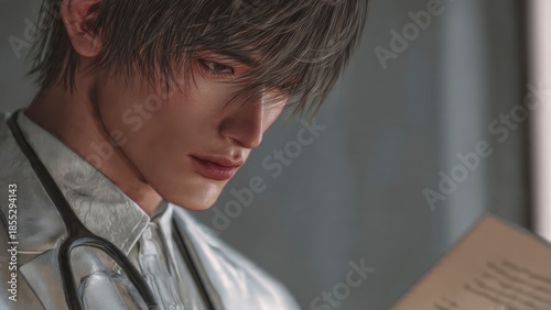 Focused and Compassionate: A medical professional intensely studies a document, radiating dedication and care.