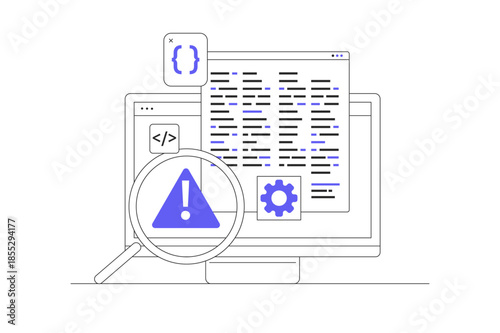 Bug Report, magnifier on campaign software data. Computer bug detection. Bug error notification. System error alert. Software testing. Flat Cartoon Vector Illustration, icon Stylish abstract design 