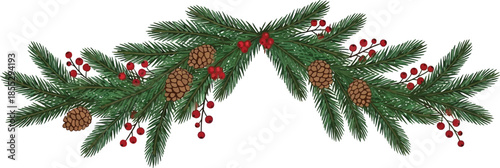 Festive holiday garland with pinecones and red berries on green branches