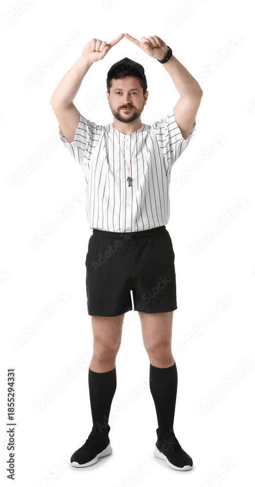 Fototapeta premium Referee showing VAR sign on white background