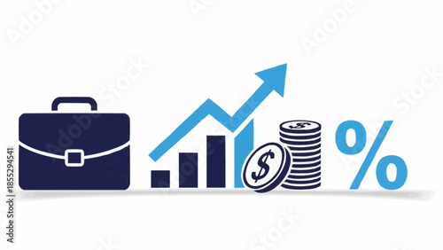 A graphic illustration shows a briefcase with a growing bar chart and increasing arrow next to coins and a percentage sign.