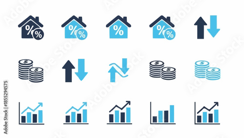 Financial icons depicting graphs, charts, and money with percentage signs and arrows indicating growth and decline in business and economy.