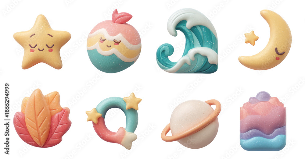 Fototapeta premium Charming 3D Claycarved Pastel Icons Collection with Playful Designs and Soft Colors