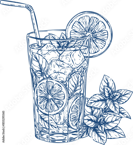 Blue Sketch of Iced Tea with Lemon Slices, Mint Leaves and Straw on White Background drink
