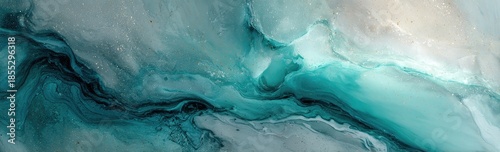 An abstract composition with swirling teal and gray pigments, evoking a sense of flowing liquid