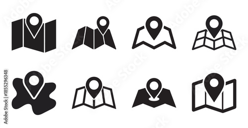 Eight black and white map and location pin icons for navigation apps and websites