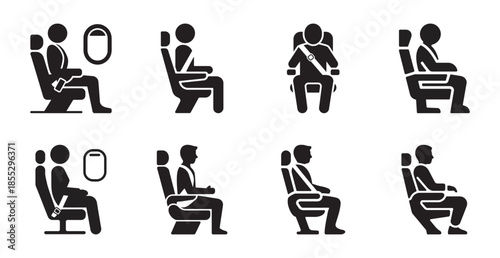 People sitting in seats with seatbelts icons showing different travel positions