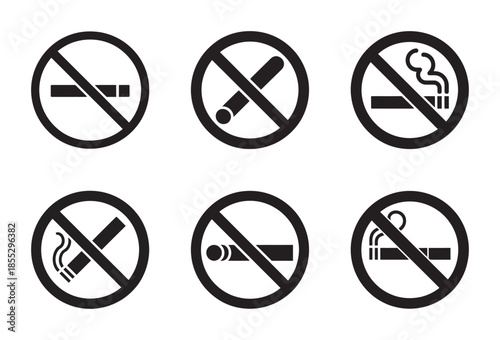 A collection of six different black and white no smoking icons for various applications