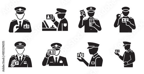 Security personnel, border control, and identity verification icon set