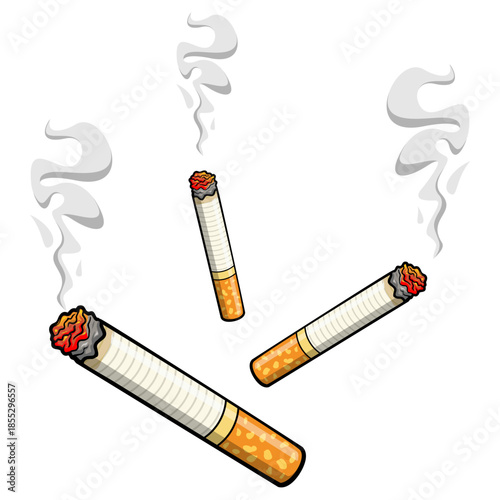 Vibrant cartoon vector graphic depicting three burning cigarettes with rising smoke, symbolizing addiction and unhealthy habits, isolated design element.