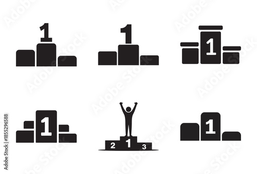 A collection of black and white silhouette icons representing winner podiums and first-place achievement