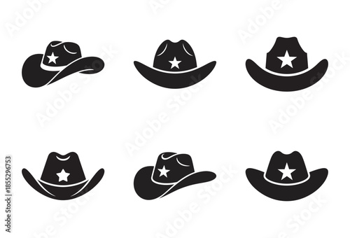 A set of six black and white cowboy hat icons featuring a star emblem in various perspectives.