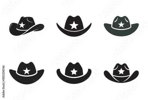 A set of six black and white cowboy hat icons featuring a star emblem