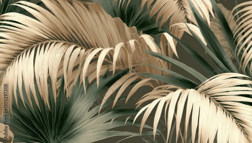 A lush, detailed pattern of layered tropical foliage in shades of tan, green, and brown