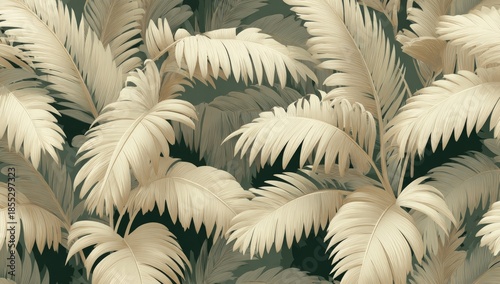 Dense tropical foliage rendered with light cream leaves over a dark teal background