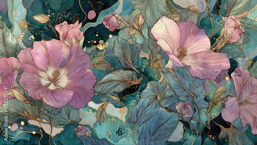 An abstract illustration featuring pastel pink flowers and leaves, with an ethereal emerald backdrop