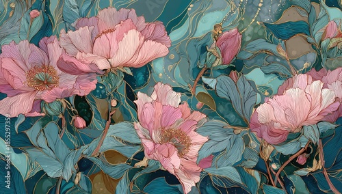 A lush floral arrangement with large pink blossoms on teal leaves with gold vein lines