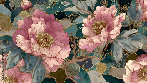 Floral illustration featuring pink blooms, golden accents, and teal mosaic-like background