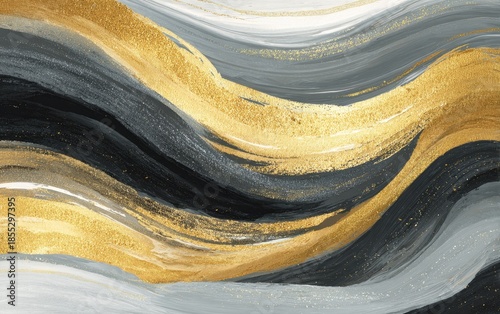 Abstract artistic piece featuring dynamic fluid strokes of gold, grey, black, and white paint