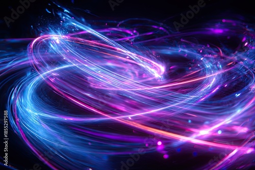 A dynamic, swirling composition of vibrant light trails in blues, pinks, and purples against black