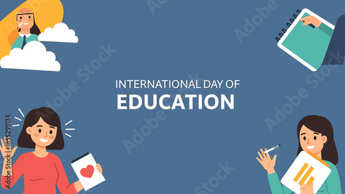 International Day of Education banner with happy diverse students and teachers characters on blue background
