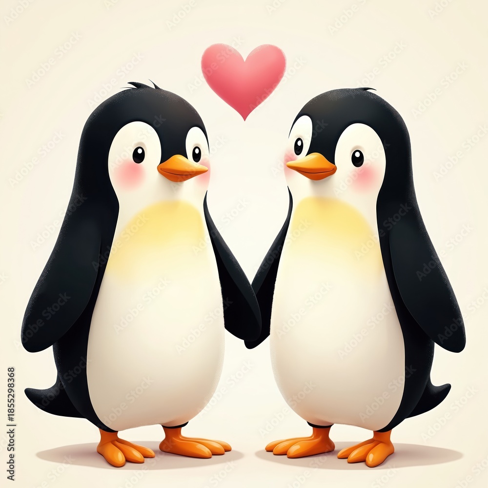 Obraz premium Two cute cartoon penguins stand together holding wings. Pink heart floats above their heads. Penguins look at each other with affection. Ideal for Valentines Day or love themed designs.