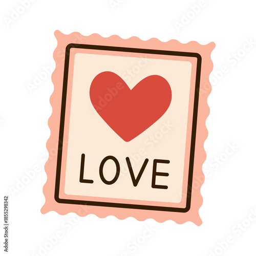 Vector postage stamp with big red heart and love text, wavy edge. Cute postal detail for love letter, Valentines Day, greeting, romantic mail, or decor in flat style.