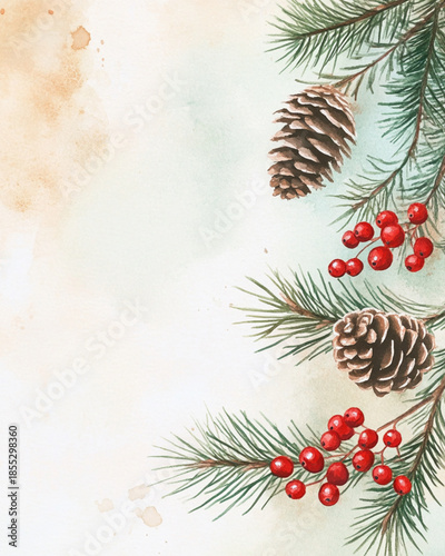 Tender spruce branches with red berries and cones on a pastel backround, watercolor illustration. Free space for text.